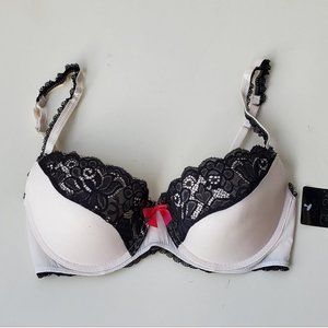Rene Rofe Cream and Black Lace Push-Up Bra with Pink Bow